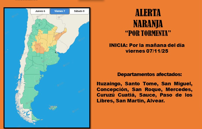 ALERTA NARANJA "POR TORMENTA" PARA 11 DEPARTAMENTOS DE CORRIENTES