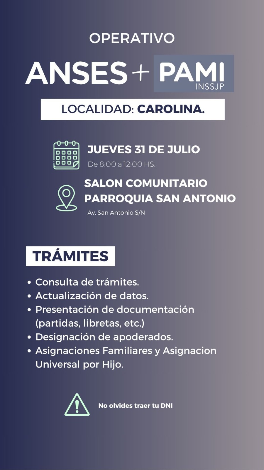 LOS ORGANISMOS NACIONALES DE PAMI Y ANSES ATENDERÁN EL JUEVES EN CAROLINA